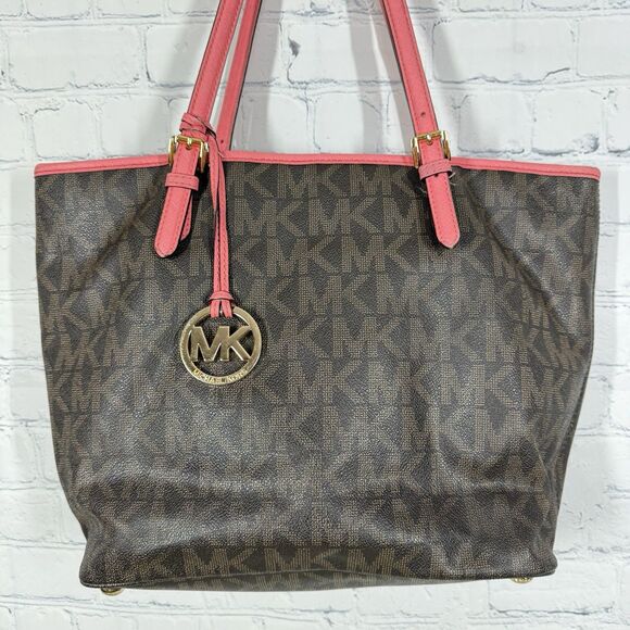 Michael Kors Tore Shoulder Bag Women Monogram MK logo Brown Pink Medium Jet Set - Picture 6 of 16